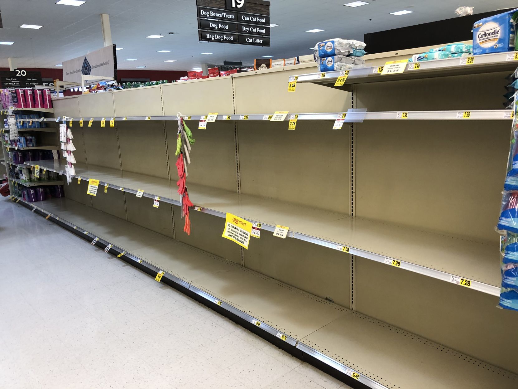 Empty shelves of toilet paper at Ingles in Newland